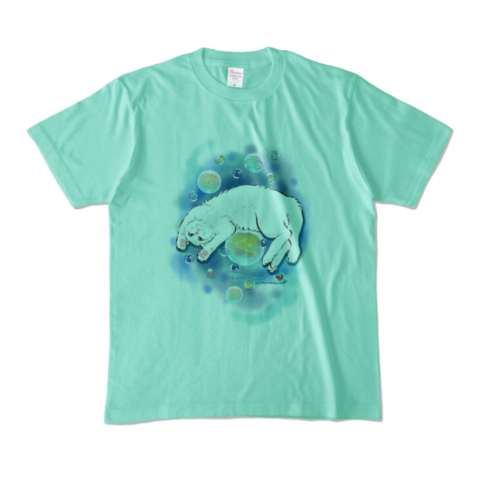 カラーTシャツ-水彩玉と白猫 - M - アイスグリーン (淡色)