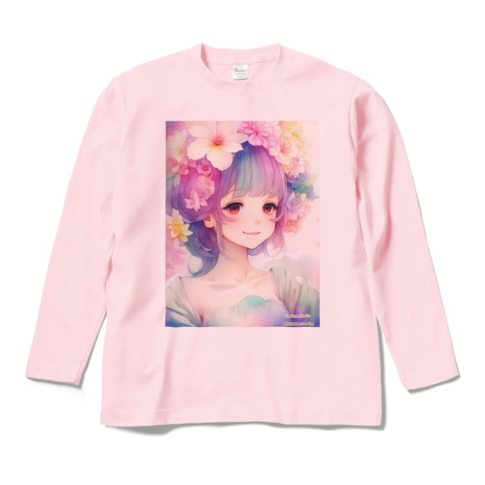 (前面プリント)「夢見る瞳5」長袖カラーTシャツ - M - ライトピンク