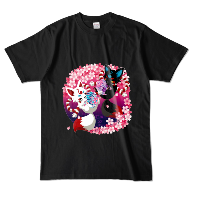 妖狐と桜　カラーTシャツ - L - ブラック (濃色)