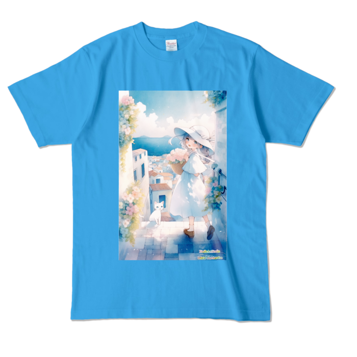 (前面プリント-枠無し) 「海辺の町で」カラーTシャツ - L - ターコイズ (濃色)