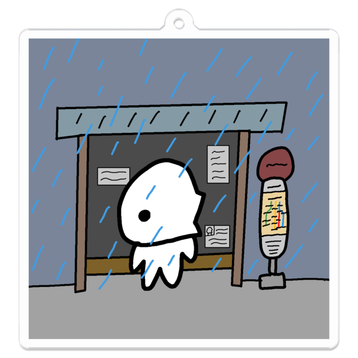 アクリルキーホルダー - 70 x 70 (mm) - 雨の日の田舎のバス停