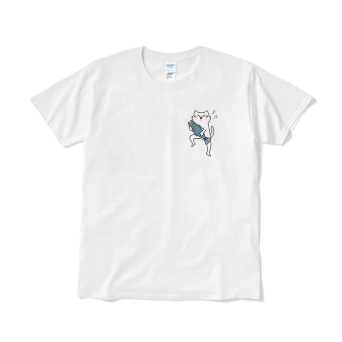 魚をゲットして嬉しい猫（小プリント／カラー）Tシャツ - L - ホワイト
