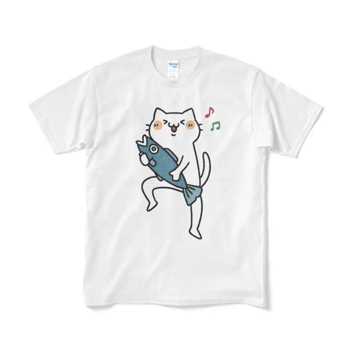 【デカねこ】魚をゲットして嬉しい猫（大プリント／カラー）Tシャツ - M - ホワイト