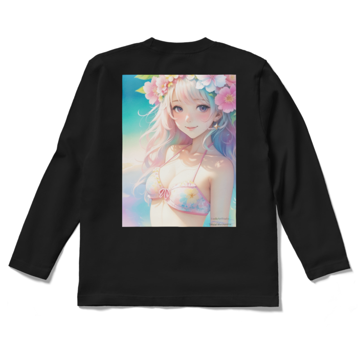 (背面プリント)「夢見る瞳4」長袖カラーTシャツ - S - ブラック