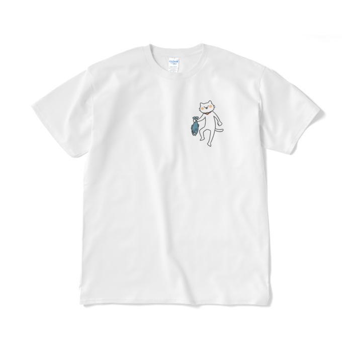 魚を持ち帰る猫（小プリント／カラー）Tシャツ - XL - ホワイト