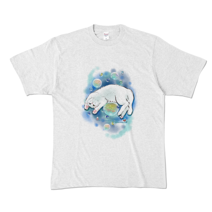 カラーTシャツ-水彩玉と白猫 - XL - アッシュ (淡色)