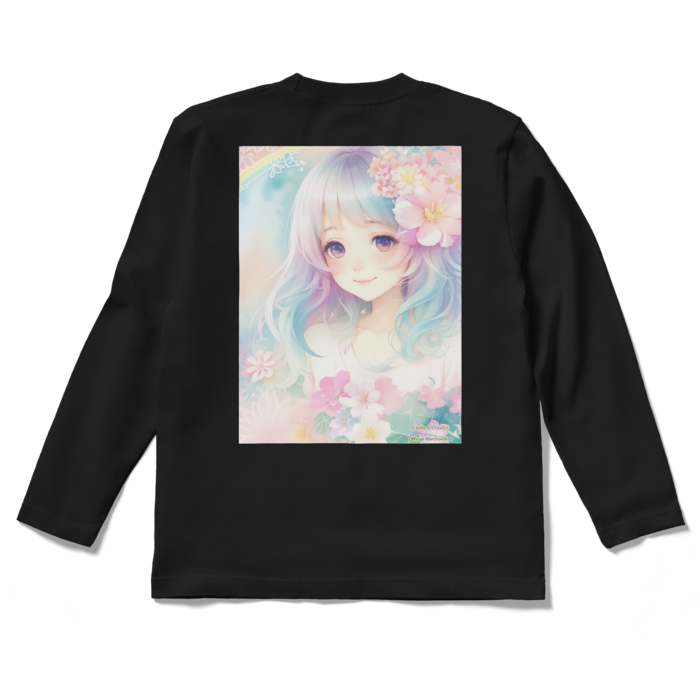 (背面プリント)「夢見る瞳6」長袖カラーTシャツ - S - ブラック