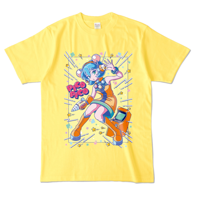 80sレトロポップ「ピコナ」Tシャツ - L - イエロー (濃色)