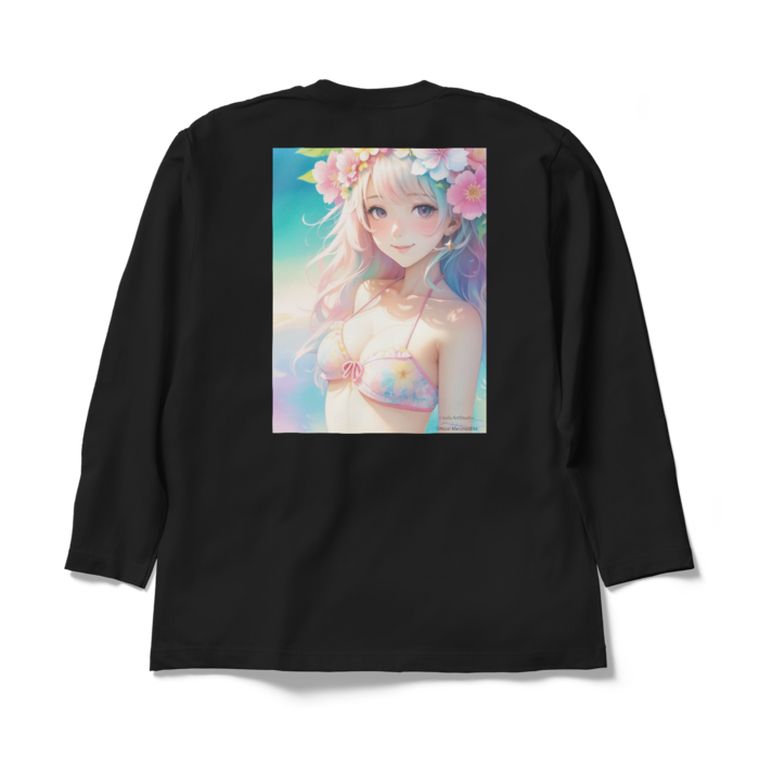 (背面プリント)「夢見る瞳4」長袖カラーTシャツ - XL - ブラック