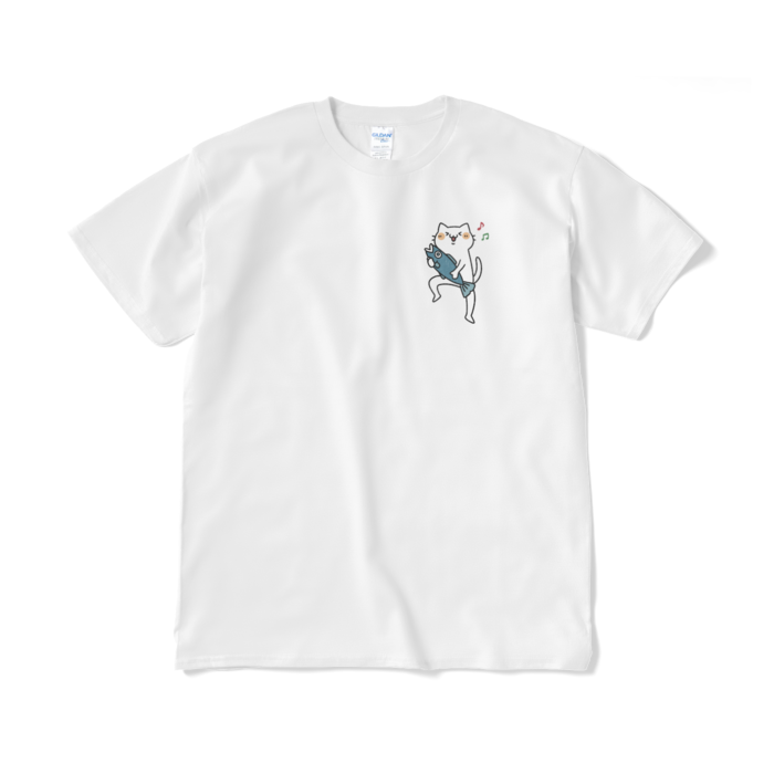 魚をゲットして嬉しい猫（小プリント／カラー）Tシャツ - XL - ホワイト