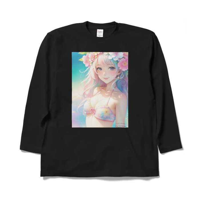(前面プリント)「夢見る瞳4」長袖カラーTシャツ - XL - ブラック