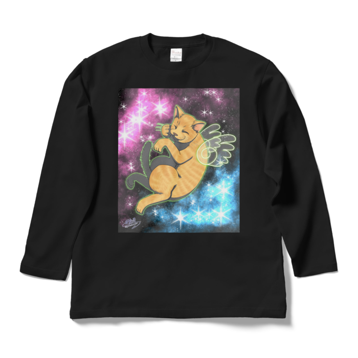 なぜか宇宙ネコ!ロングスリーブTシャツ - L - ブラック