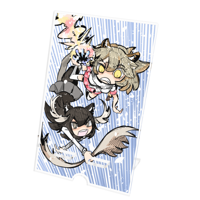ライオンちゃんVSヘラジカちゃん|アクリルスマホスタンド - 100x160mm(ケーブル穴あり)