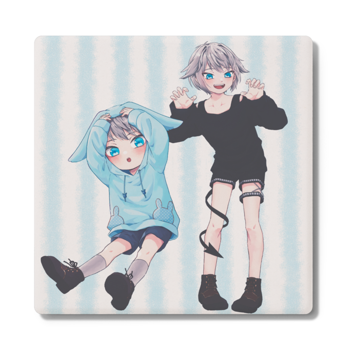 四角コースター - うさ&ちび水色