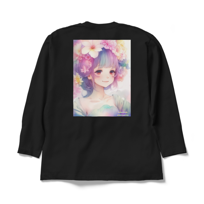 (背面プリント)「夢見る瞳5」長袖カラーTシャツ - XL - ブラック