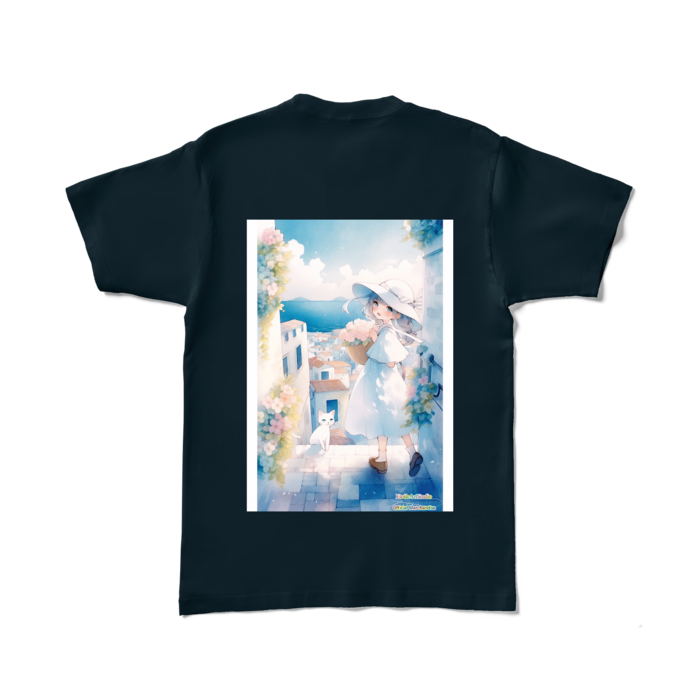 (背面プリント-枠有り) 「海辺の町で」カラーTシャツ - L - ネイビー (濃色)