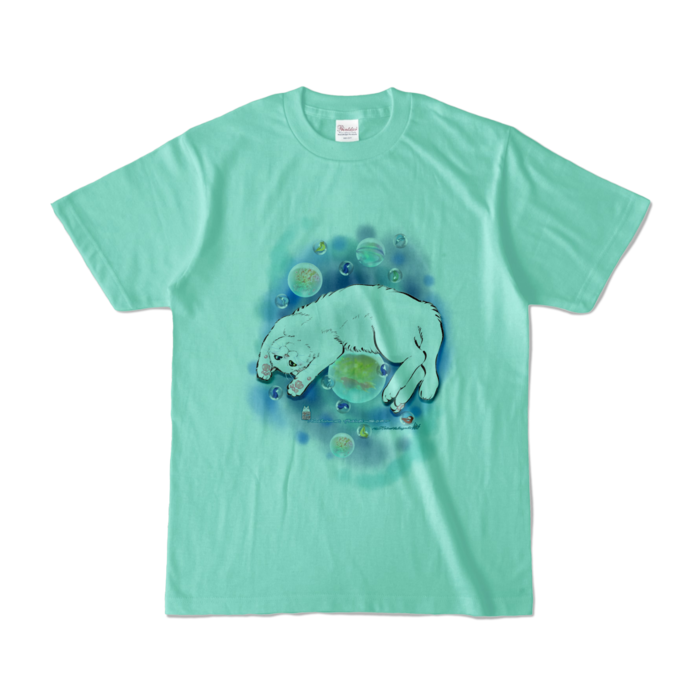 カラーTシャツ-水彩玉と白猫 - S - アイスグリーン (淡色)