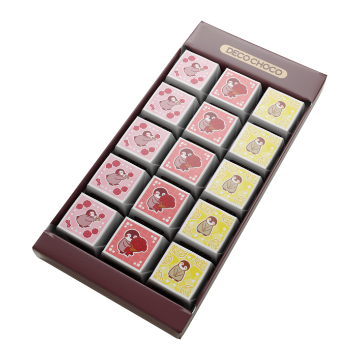 DECOチョコ - 15個入りバラを贈るペンギン