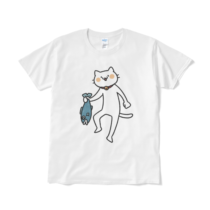 【デカねこ】魚を持ち帰る猫（大プリント／カラー）Tシャツ - L - ホワイト