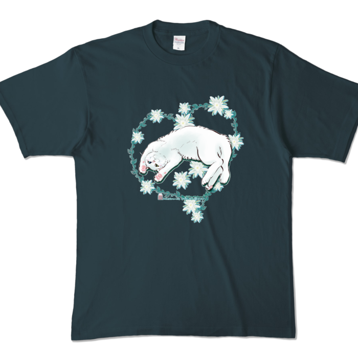 カラーTシャツ-花と蔓とゴロン白猫 - XL - デニム (濃色)