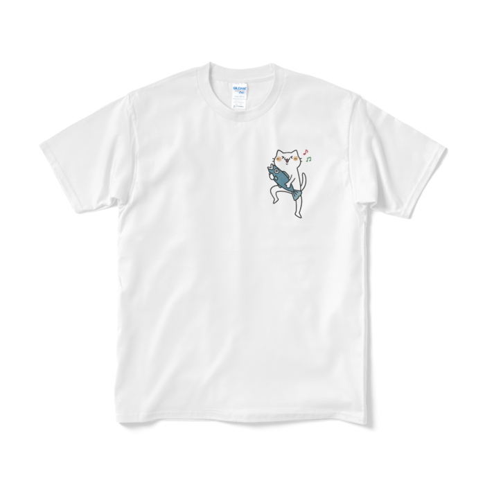 魚をゲットして嬉しい猫（小プリント／カラー）Tシャツ - M - ホワイト