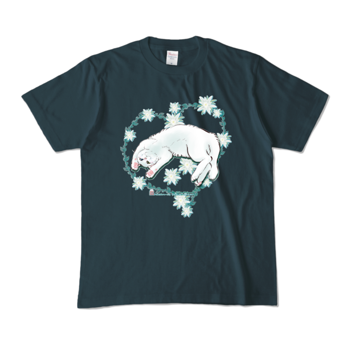 カラーTシャツ-花と蔓とゴロン白猫 - M - デニム (濃色)