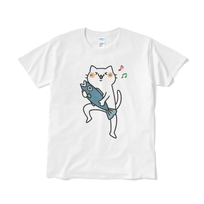 【デカねこ】魚をゲットして嬉しい猫（大プリント／カラー）Tシャツ - L - ホワイト