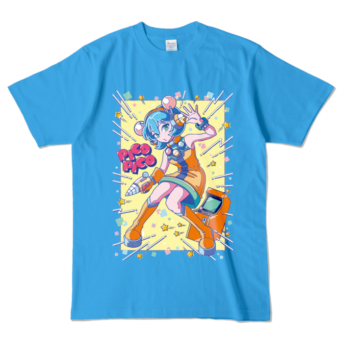 80sレトロポップ「ピコナ」Tシャツ - L - ターコイズ (濃色)