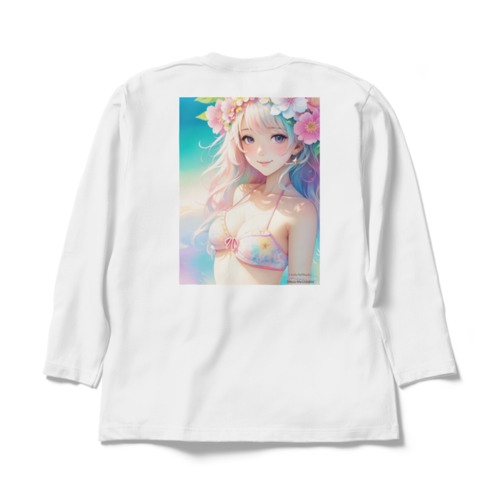 (背面プリント)「夢見る瞳4」長袖カラーTシャツ - XL - ホワイト