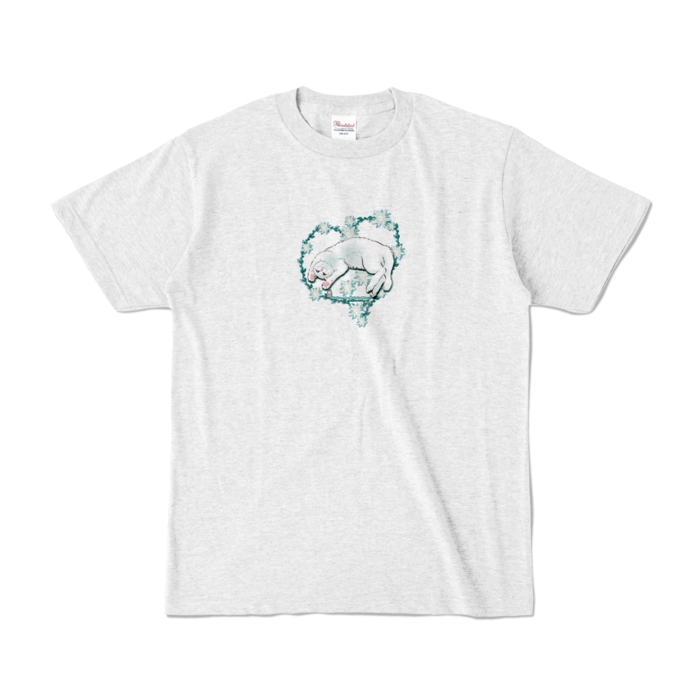 カラーTシャツ-花と水彩玉とゴロン白猫 - S - アッシュ (淡色)