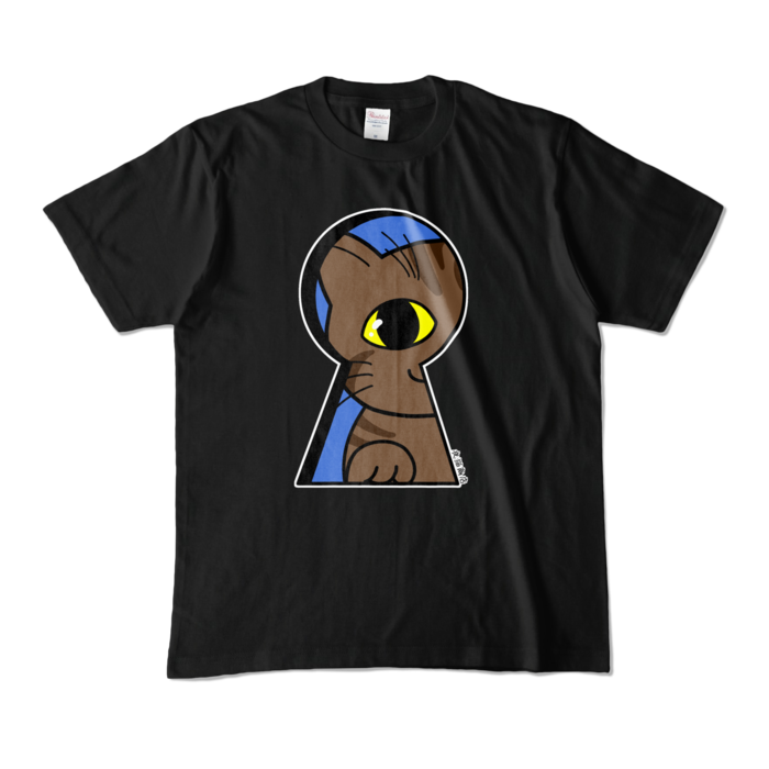 覗く猫B☆青 Tシャツ - M - ブラック