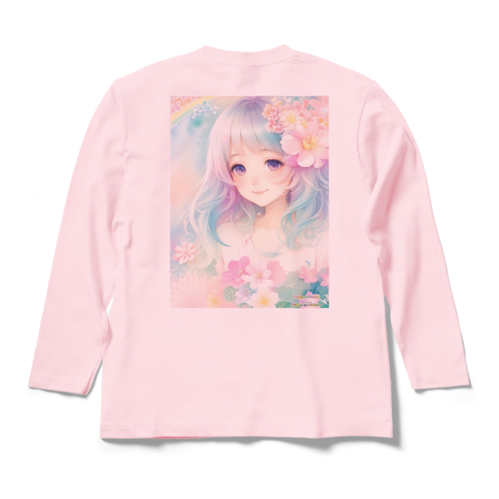 (背面プリント)「夢見る瞳6」長袖カラーTシャツ - M - ライトピンク