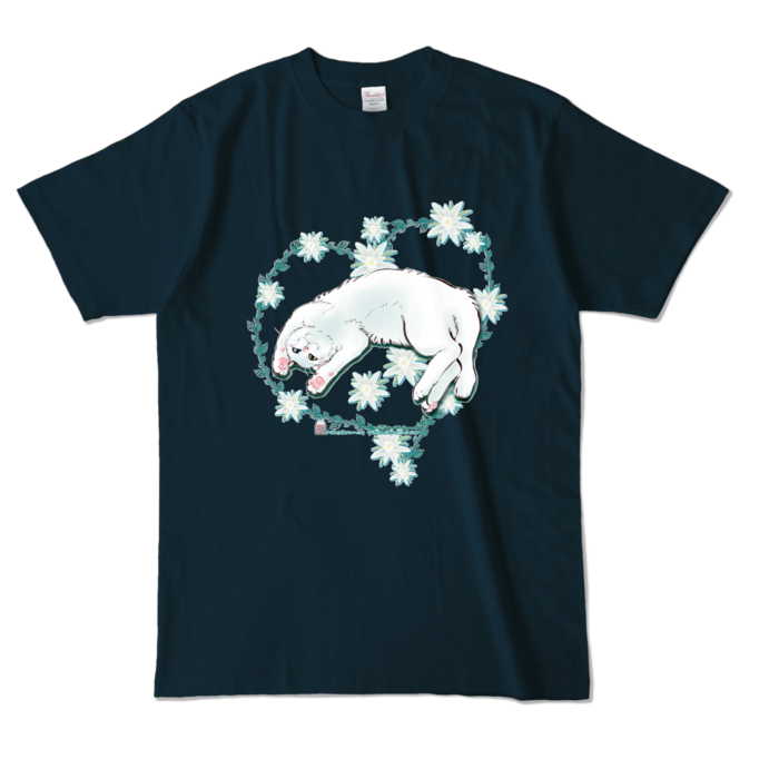 カラーTシャツ-花と蔓とゴロン白猫 - L - ネイビー (濃色)