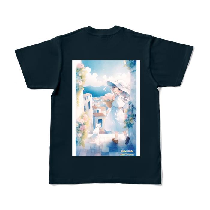 (背面プリント-枠有り) 「海辺の町で」カラーTシャツ - S - ネイビー (濃色)