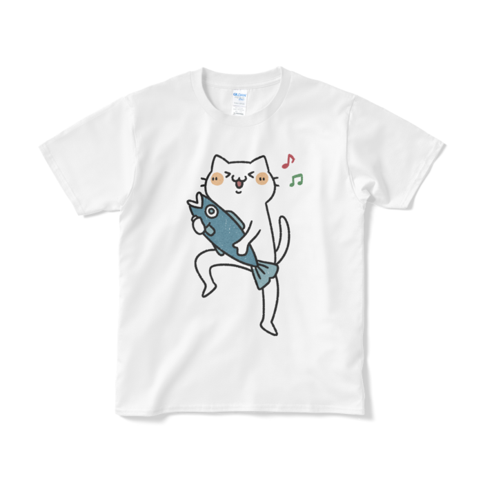【デカねこ】魚をゲットして嬉しい猫（大プリント／カラー）Tシャツ - S - ホワイト