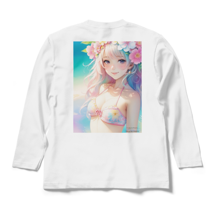 (背面プリント)「夢見る瞳4」長袖カラーTシャツ - M - ホワイト