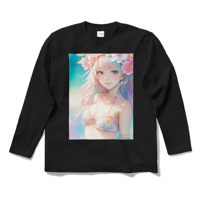 (両面プリント)「夢見る瞳4」長袖カラーTシャツ - S - ブラック