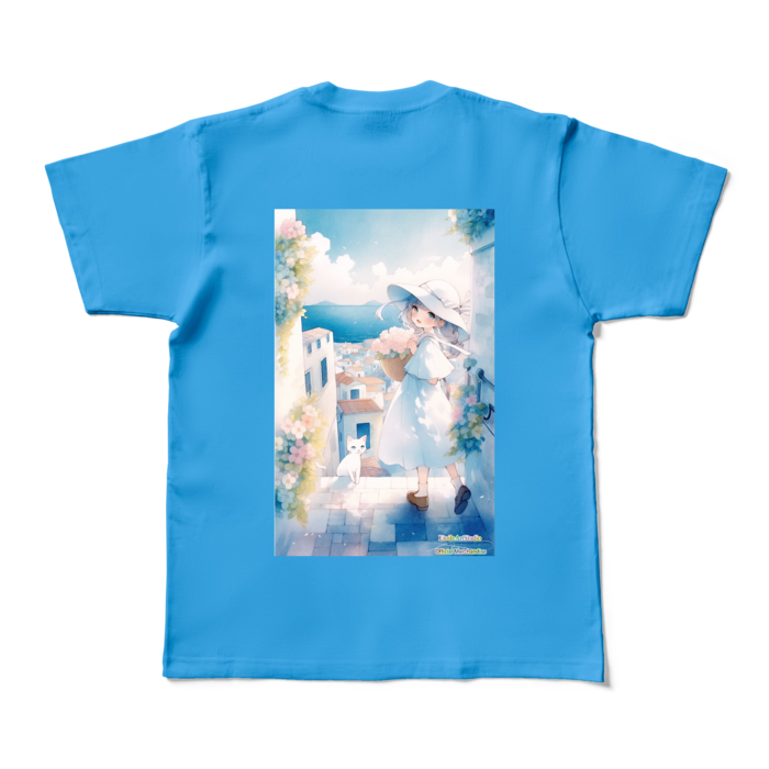(背面プリント-枠無し) 「海辺の町で」カラーTシャツ - M - ターコイズ (濃色)