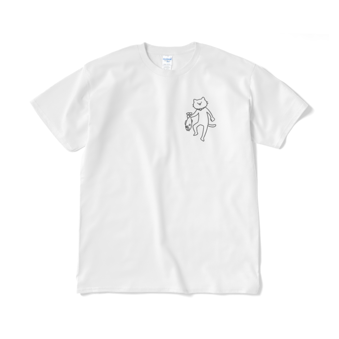 魚を持ち帰る猫（小プリント／線画）Tシャツ - XL - ホワイト