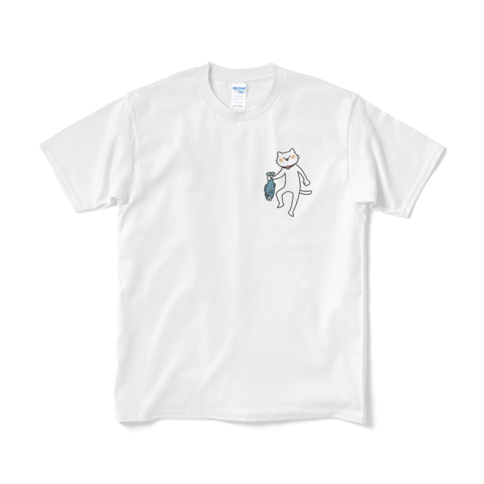 魚を持ち帰る猫（小プリント／カラー）Tシャツ - M - ホワイト