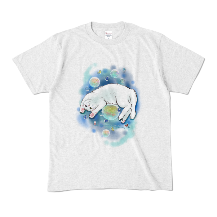 カラーTシャツ-水彩玉と白猫 - M - アッシュ (淡色)