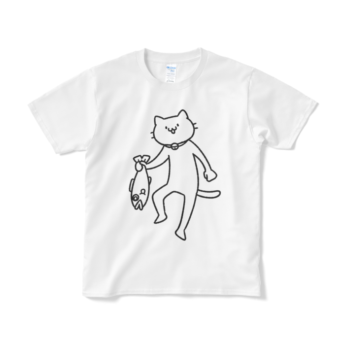 【デカねこ】魚を持ち帰る猫（大プリント／線画）Tシャツ - S - ホワイト