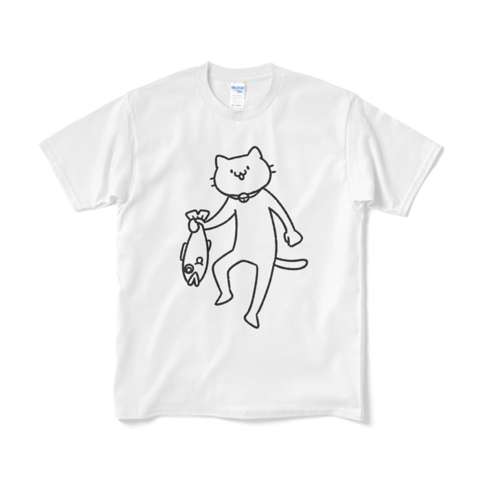 【デカねこ】魚を持ち帰る猫（大プリント／線画）Tシャツ - M - ホワイト