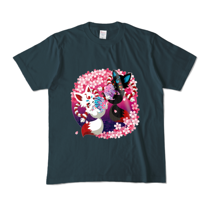 妖狐と桜　カラーTシャツ - M - デニム (濃色)