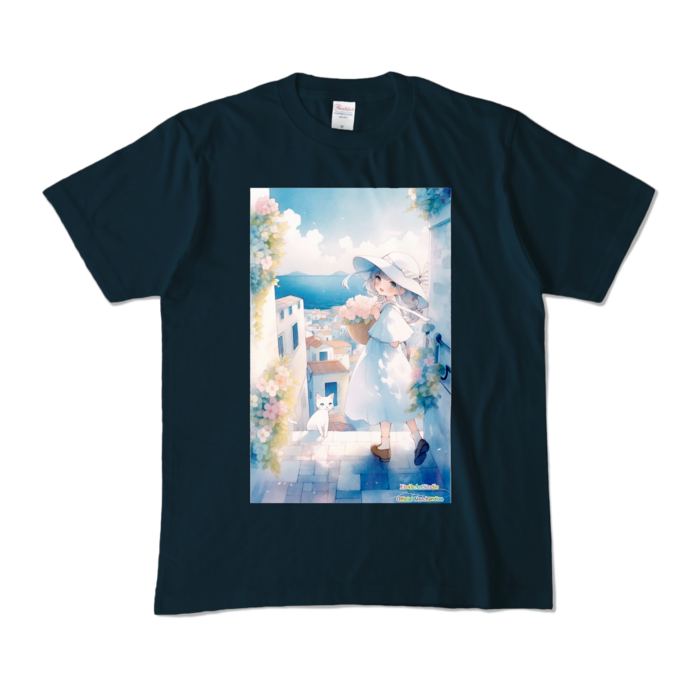 (前面プリント-枠無し) 「海辺の町で」カラーTシャツ - M - ネイビー (濃色)