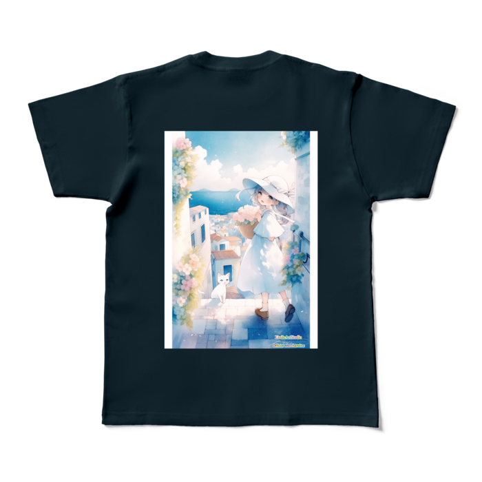 (背面プリント-枠有り) 「海辺の町で」カラーTシャツ - M - ネイビー (濃色)