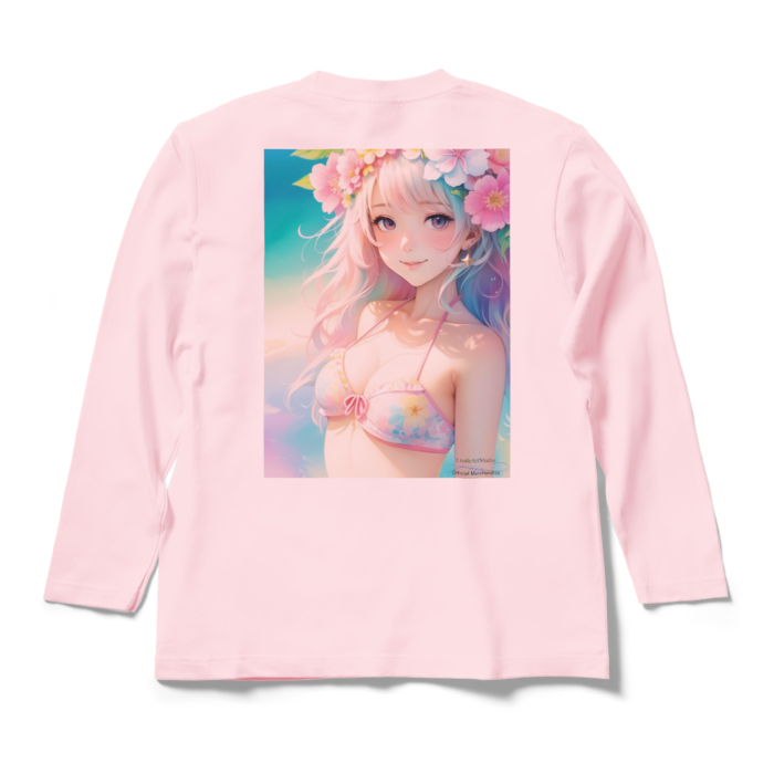 (背面プリント)「夢見る瞳4」長袖カラーTシャツ - M - ライトピンク