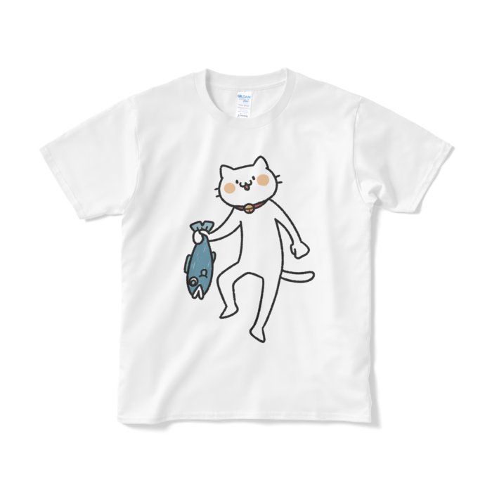 【デカねこ】魚を持ち帰る猫（大プリント／カラー）Tシャツ - S - ホワイト